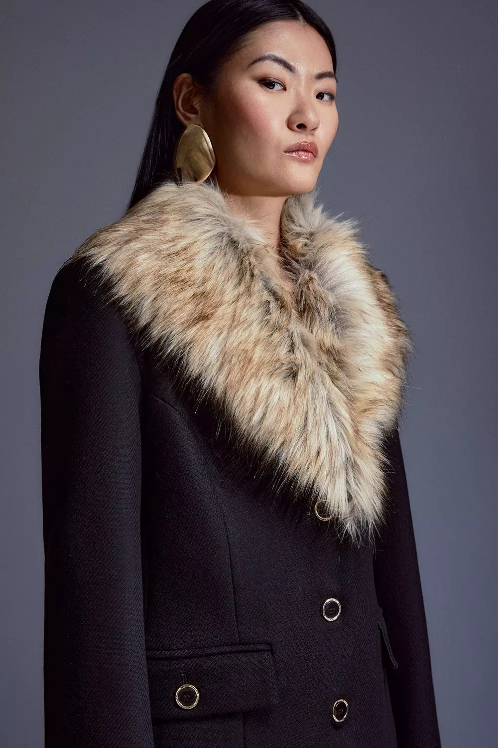 Black wool coat outlet with faux fur collar