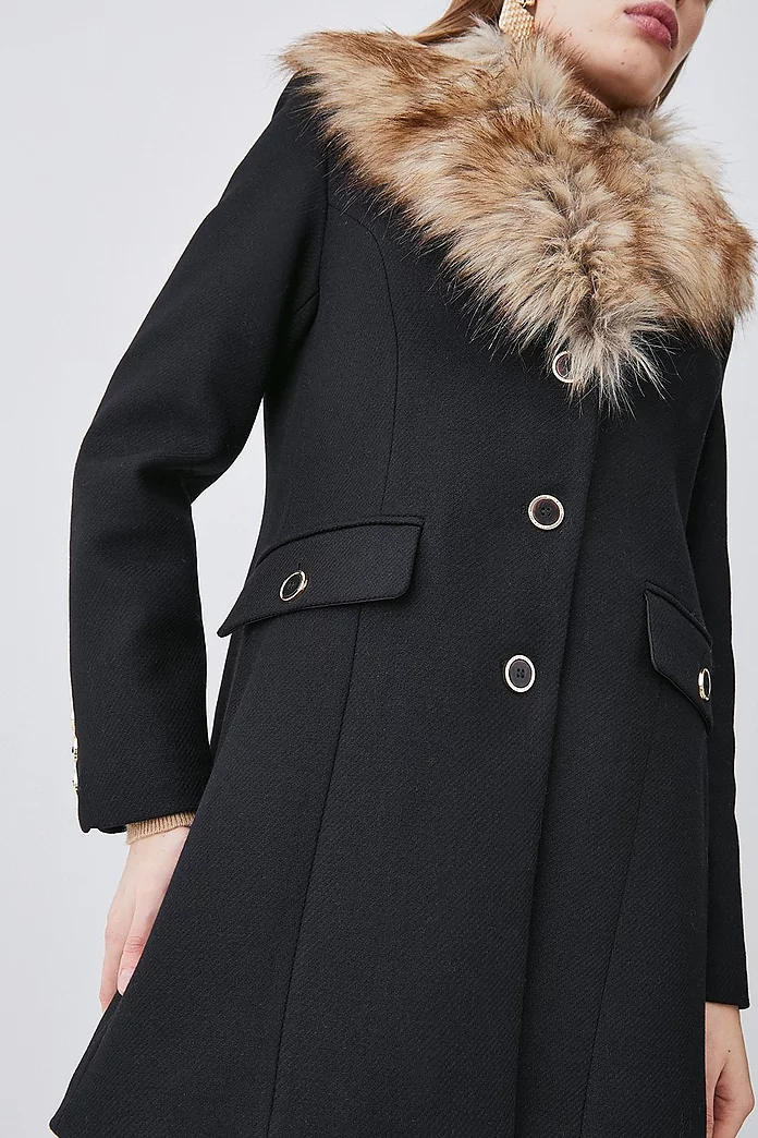 Italian Wool Mix Faux Fur Collar Short Coat   Karen Millen