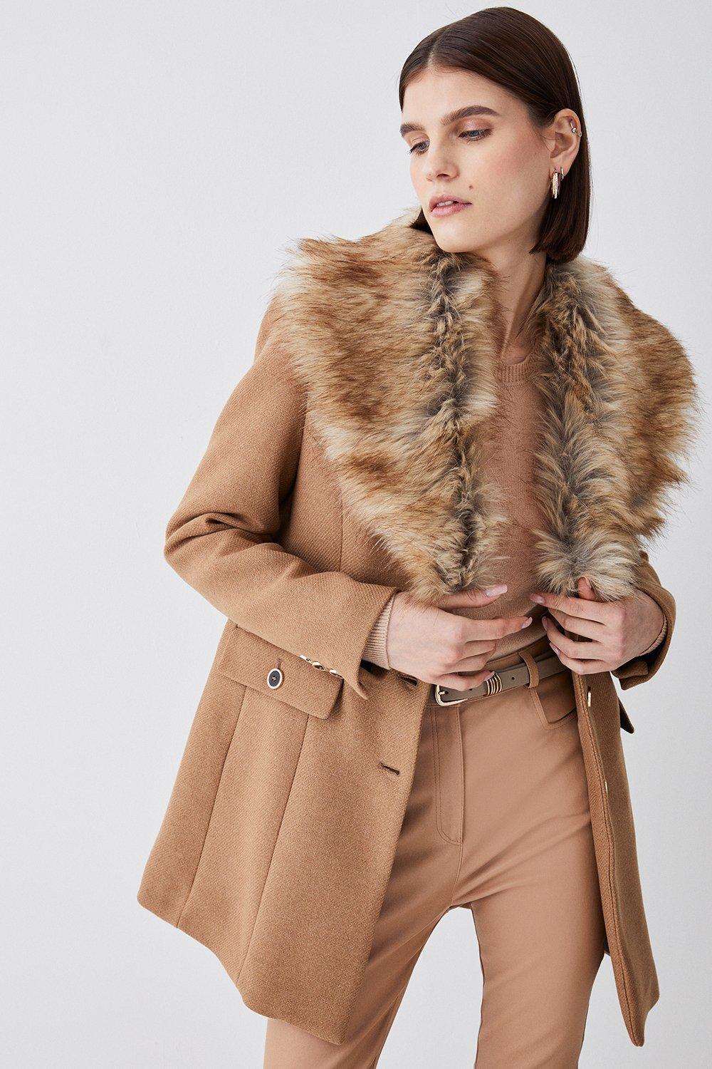 Camel faux store fur trim coat