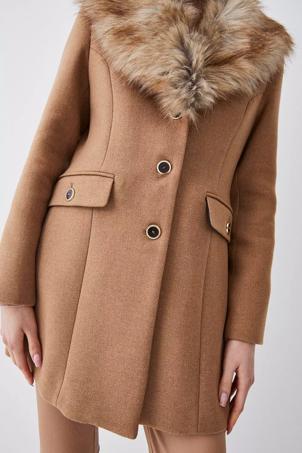 Italian Manteco Wool Mix Faux Fur Collar Short Coat | Karen Millen