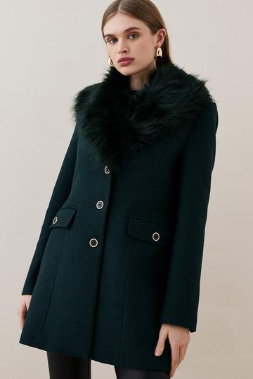 Italian Wool Mix Faux Fur Collar Short Coat forest