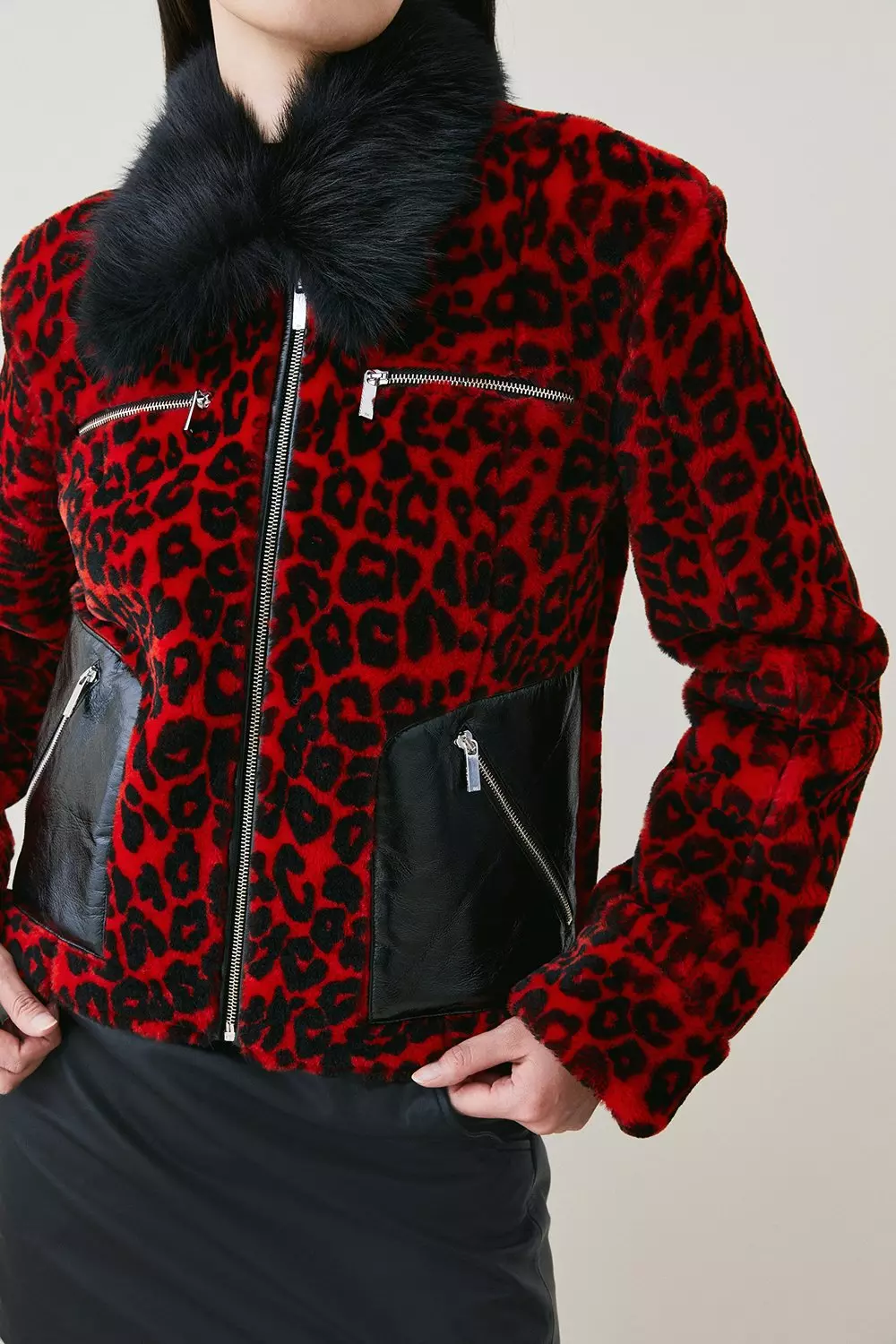 Shearling Leopard Print Vinyl Contrast Coat Karen Millen