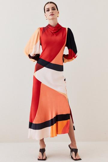Orange Draped Stretch Satin Colour Block Midi Dress