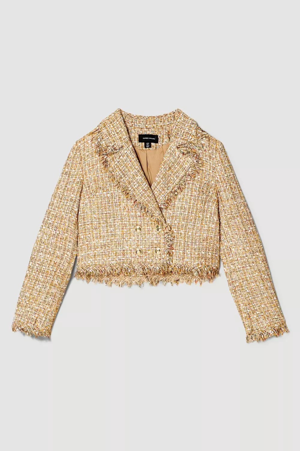 Frayed Edged Textured Boucle Cropped Jacket | Karen Millen