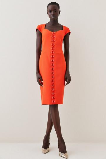 Structured Crepe Tailored Tie Front Pencil Midi Dress red