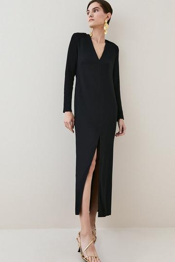Black Compact Viscose Long Sleeved Split Front Tailored Maxi Dress