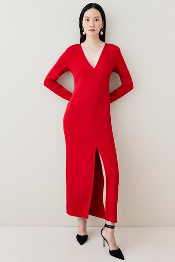 Red Compact Viscose Long Sleeved Split Front Tailored Maxi Dress