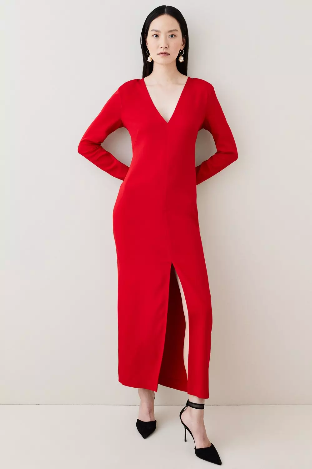 Red long sleeve maxi dress best sale with split