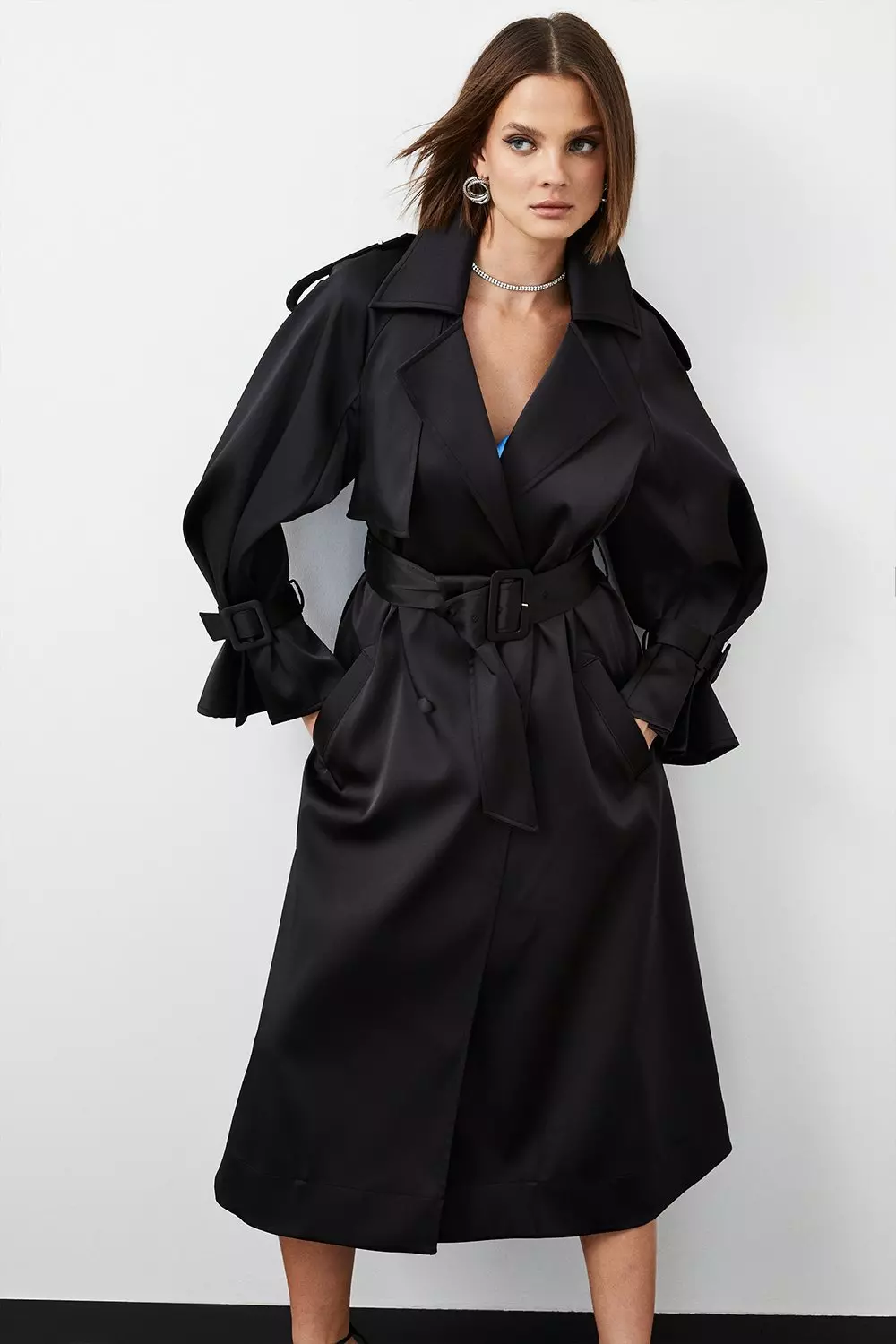 Premium Satin Belted Trench Coat