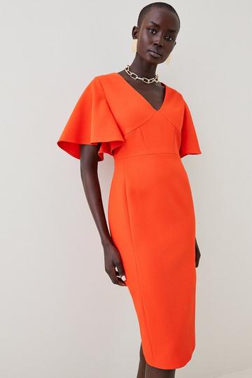 Red Structured Crepe Angel Sleeve Pencil Midi Dress