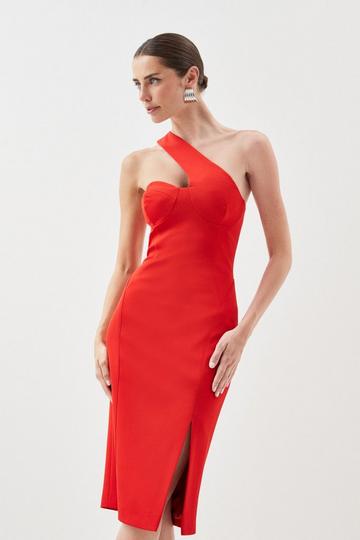 Red Italian Structured Jersey One Shoulder Corset Midi Dress