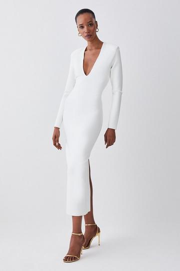Cream White Bandage Form Fitting Deep V-neck Midaxi Knit Dress