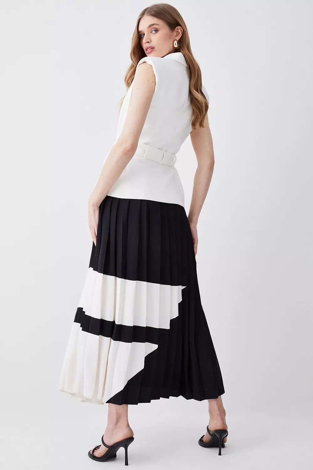 Mono Tailored And Pleat Belted Midi Dress