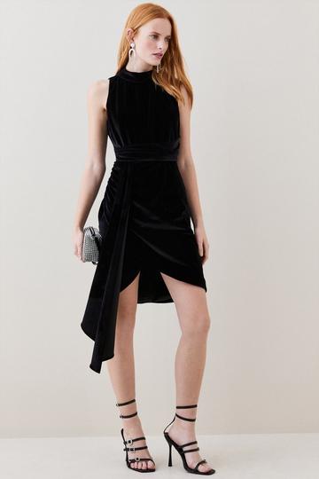 Black Slinky Velvet Halter Drape Detail Mini Dress