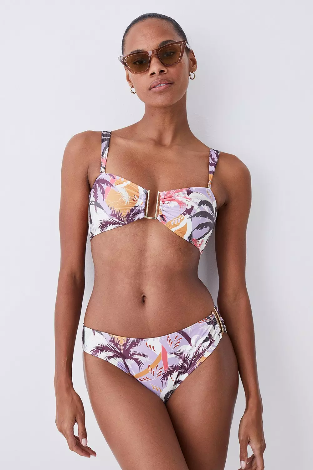 Palm Print Gold Trim Detachable Strap Bikini Top