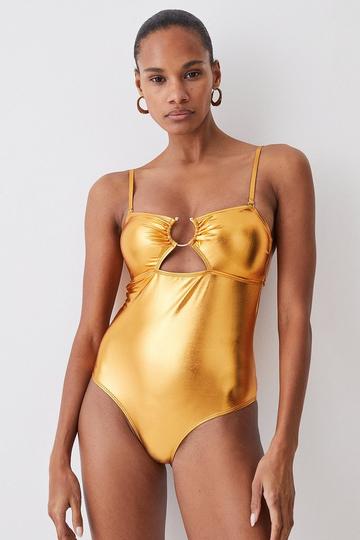 Metallic Cut Out Silver Trim Swimsuit gold
