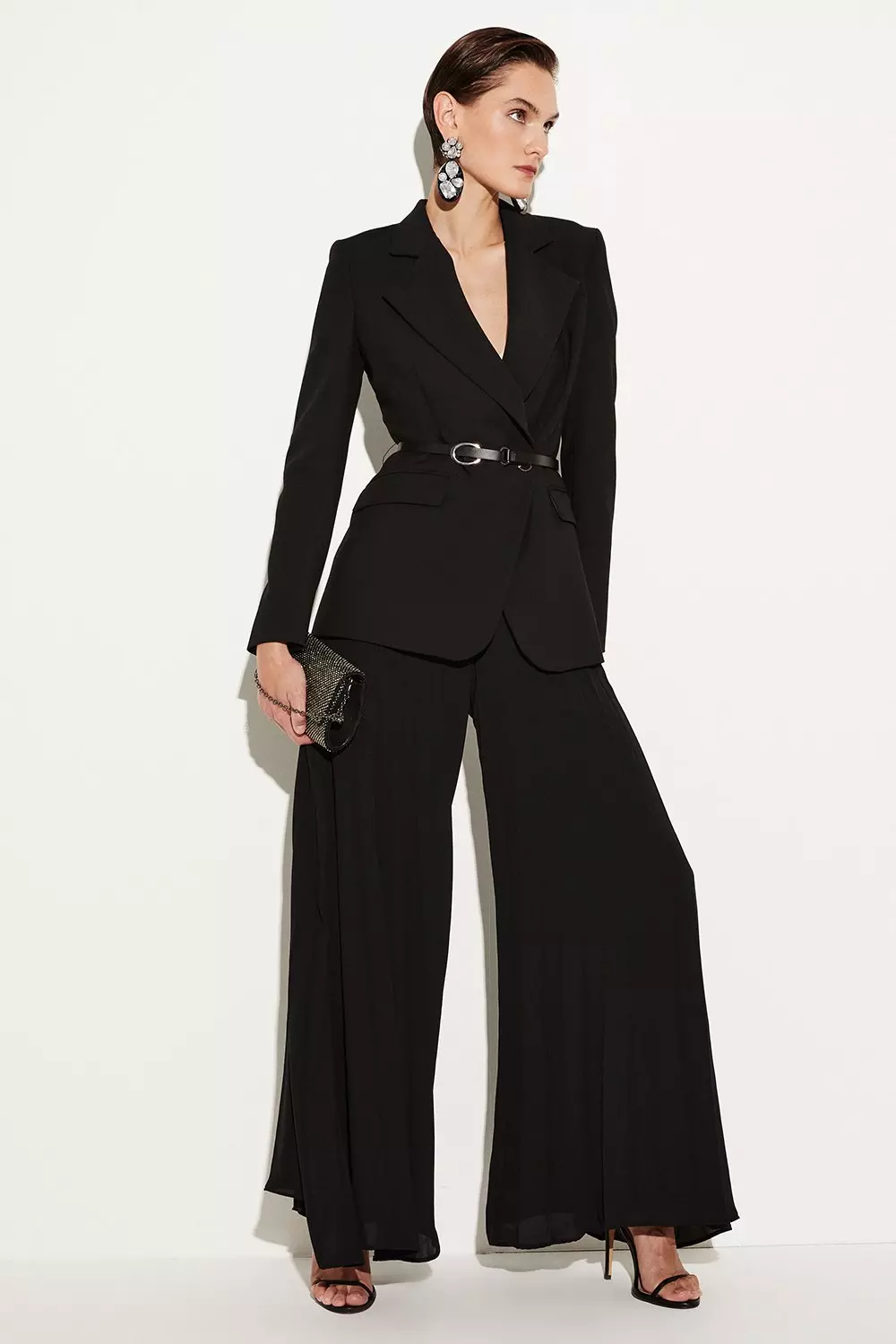 Petite Cape Sleeve Belted Tailored Jumpsuit