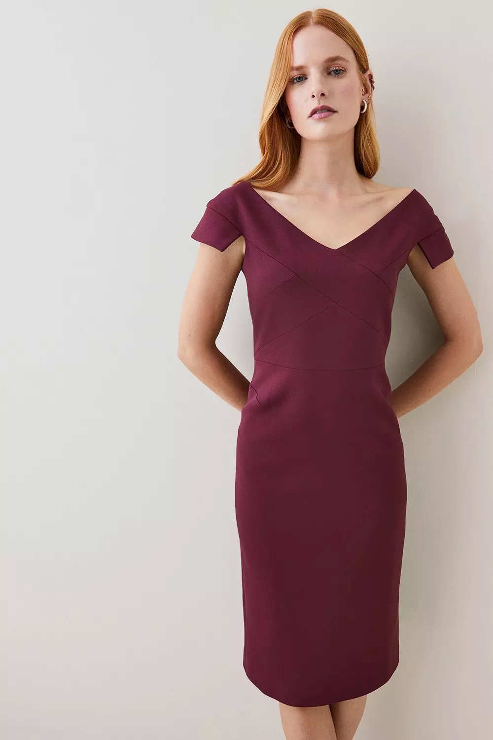 Petite Structured Crepe Tailored Cross Detail Midi Dress | Karen