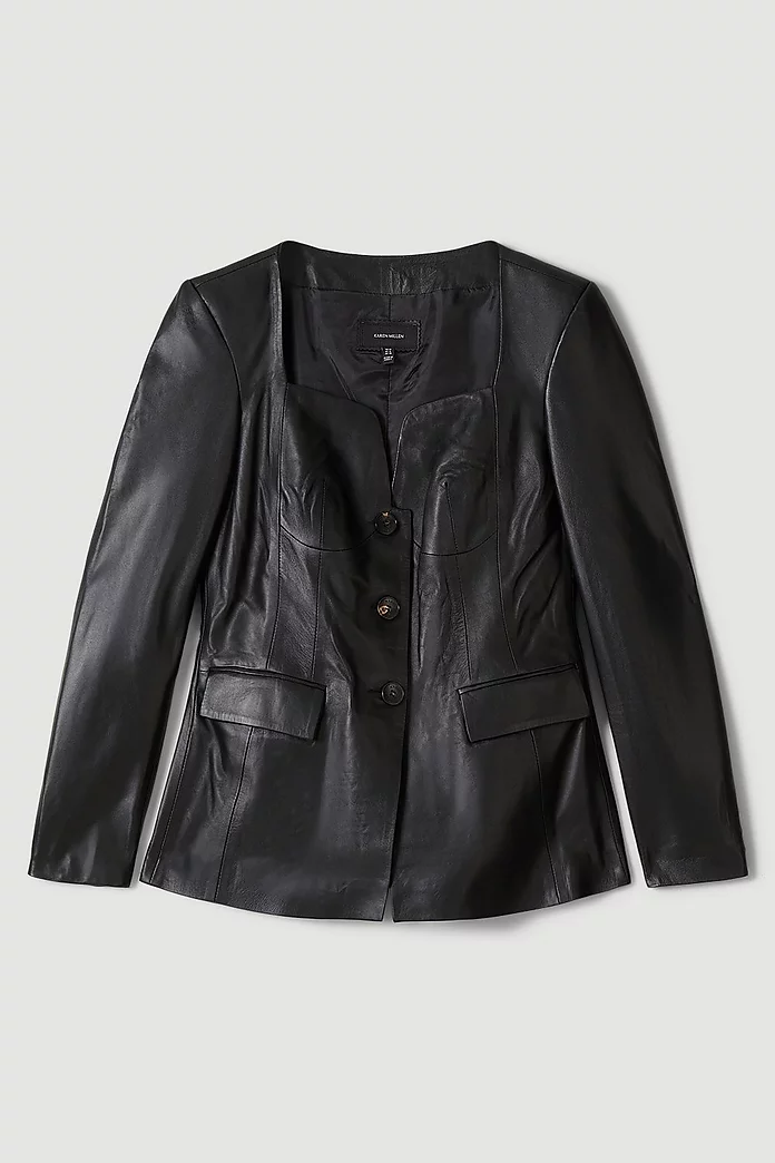 Leather V Neck Long Sleeve Button Front Top | Karen Millen