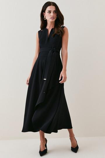 Black Petite Compact Viscose Tailored Waterfall Midi Dress