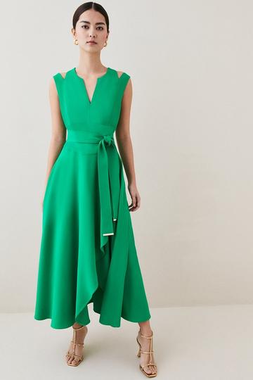 Green Petite Compact Viscose Tailored Waterfall Midi Dress