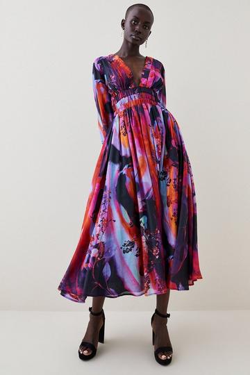 Silk Cotton Marble Ruched Woven Maxi Dress multi