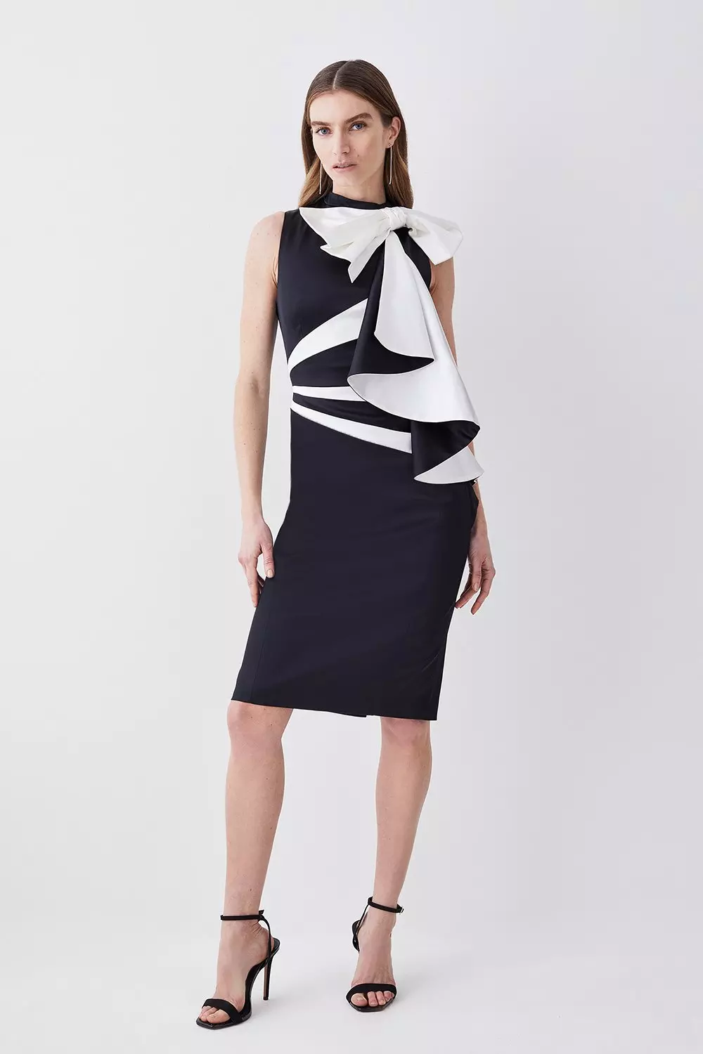 Italian Structured Satin Tailored Asymmetric Pencil Midi Dress