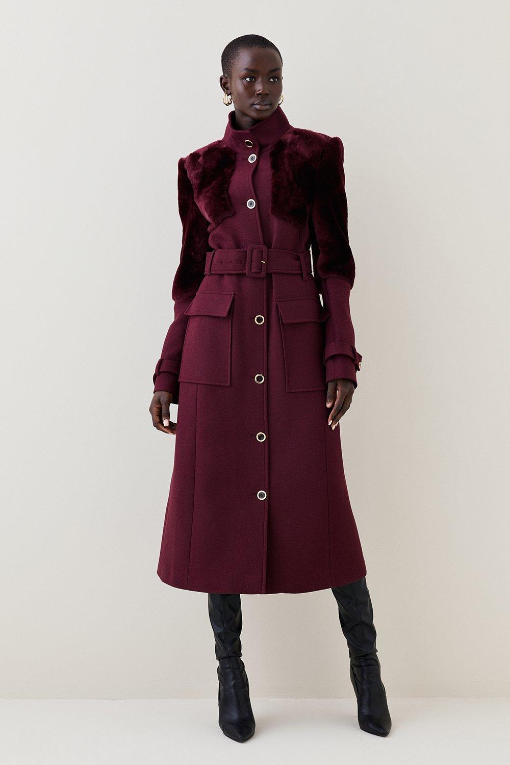 Tall Italian Wool Shearling Mix Panel Longline Coat | Karen Millen