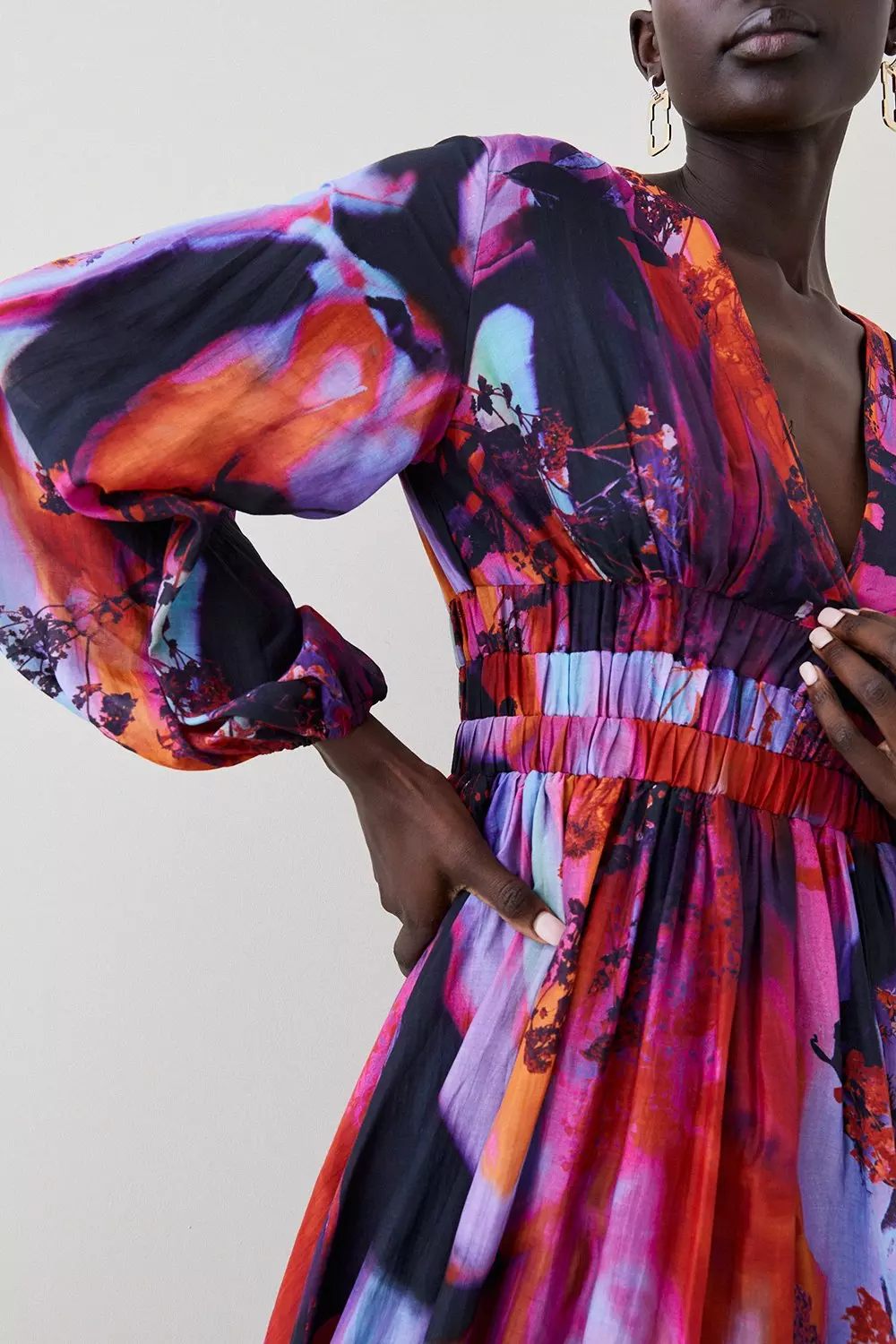 Tall Silk Cotton Marble Ruched Woven Maxi Dress | Karen Millen