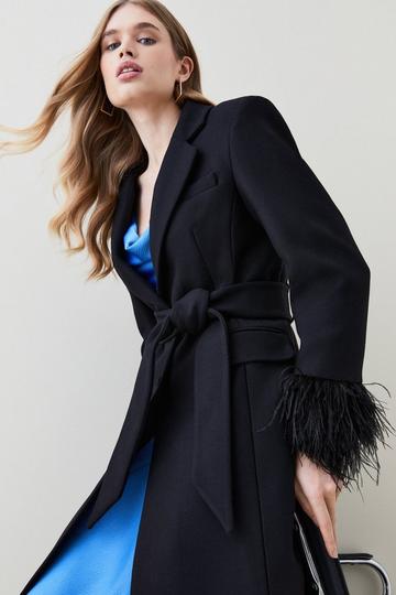 Black Italian Virgin Wool Feather Cuff Tailored Coat