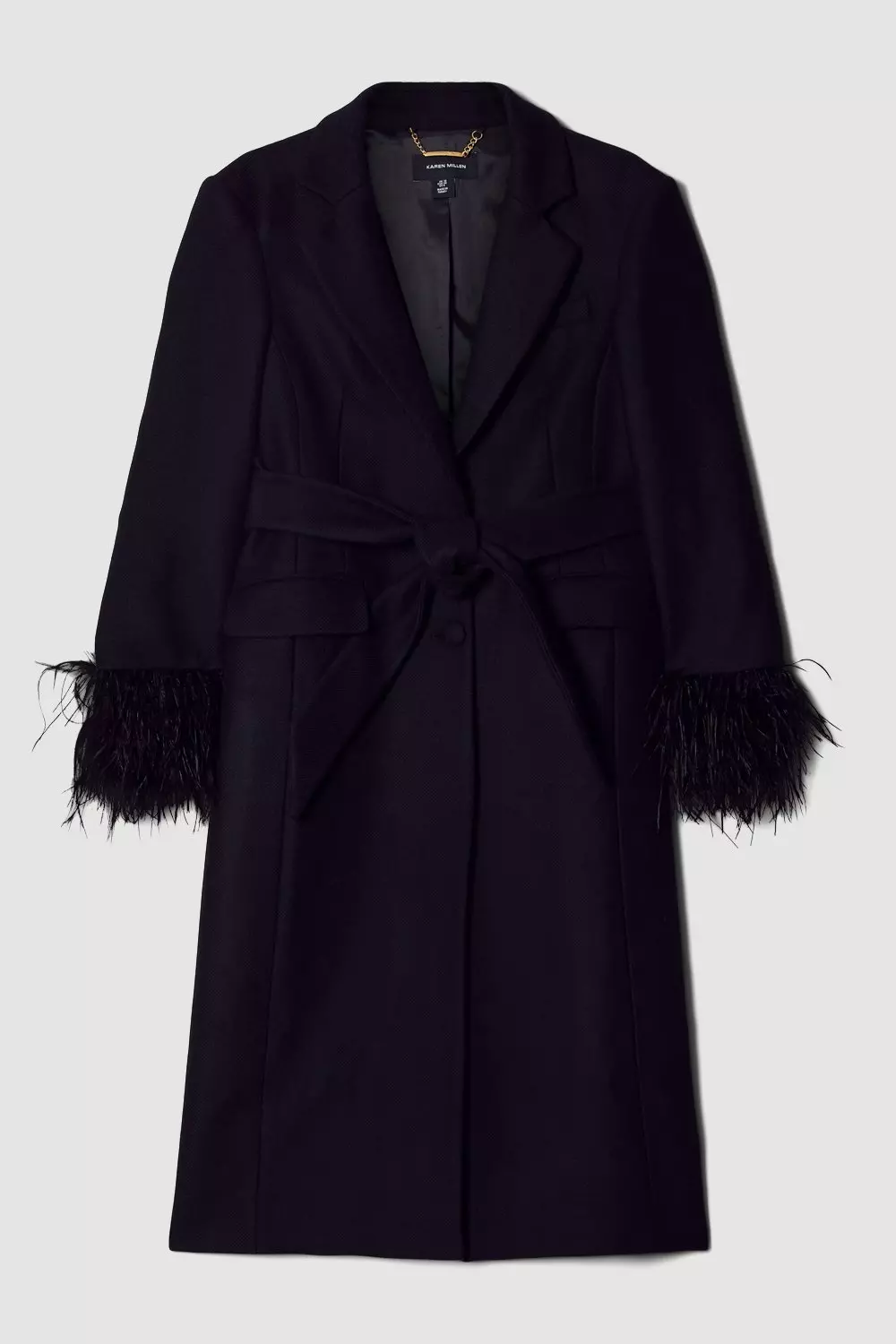 Italian Virgin Wool Feather Cuff Tailored Coat | Karen Millen