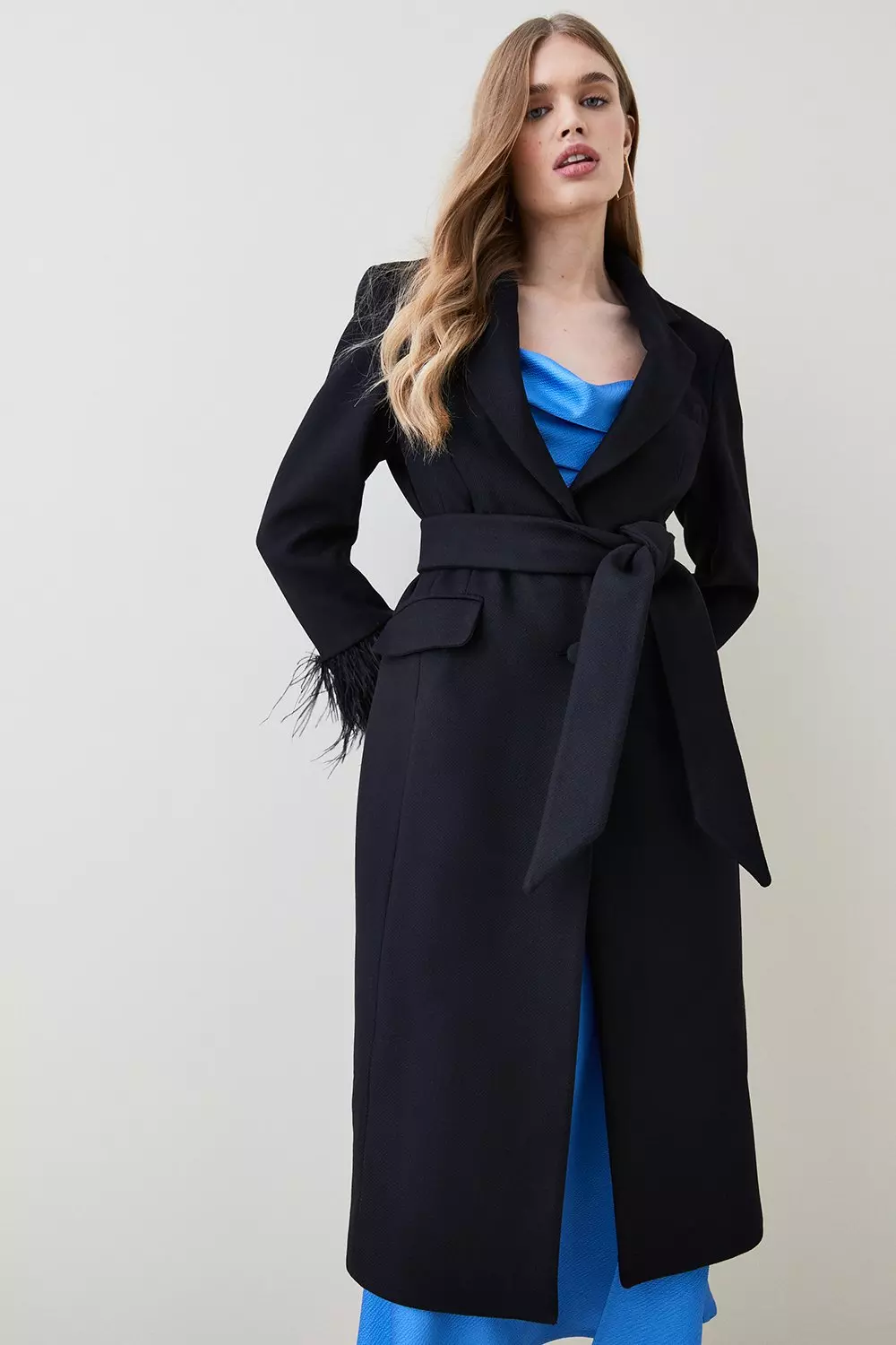 Italian Manteco Wool Feather Cuff Tailored Coat | Karen Millen