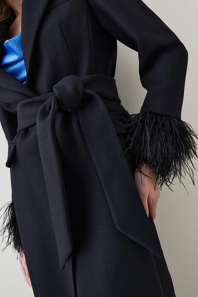 Italian Virgin Wool Feather Cuff Tailored Coat | Karen Millen
