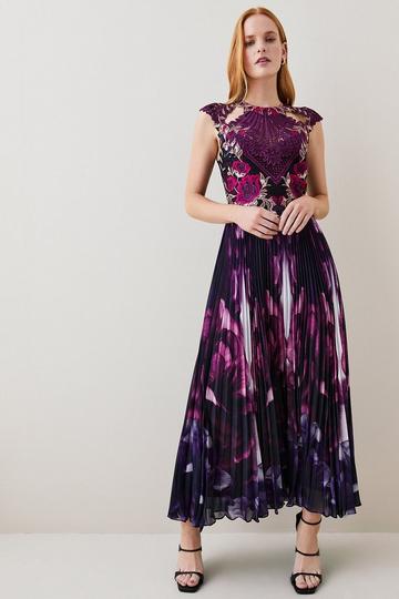 Purple Metallic Guipure Lace Mirrored Pleat Midi Dress