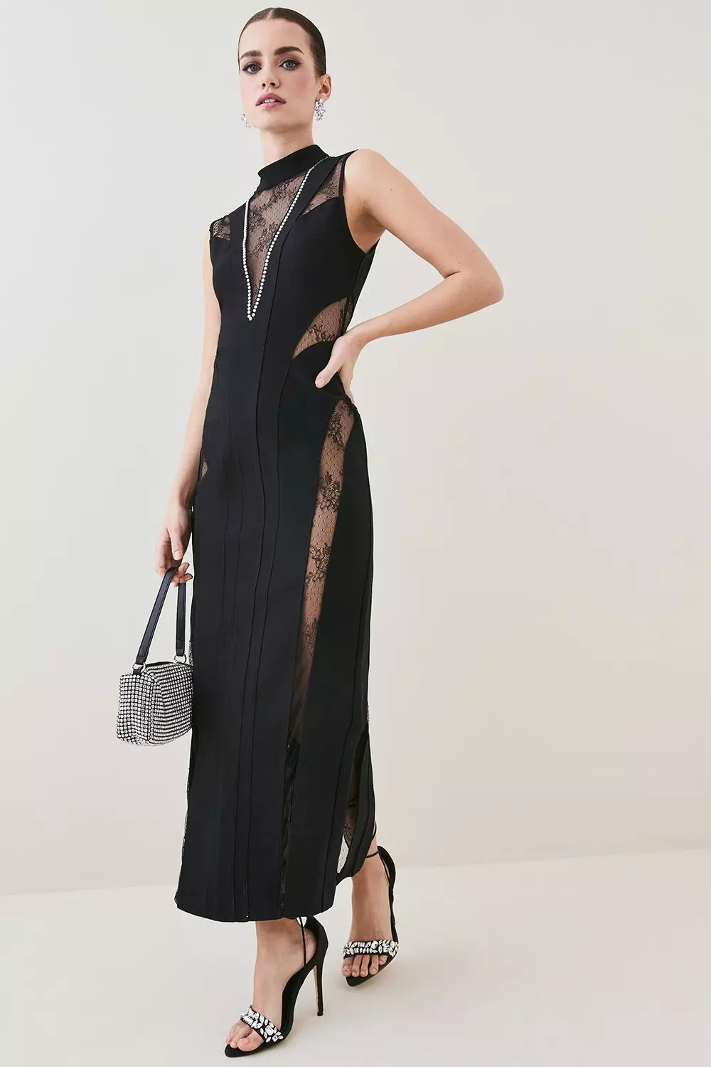 Petite Lace Front Diamante Detail Maxi Dress Karen Millen