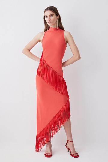 Red Fringe Hem Asymmetric Knit Midi Dress