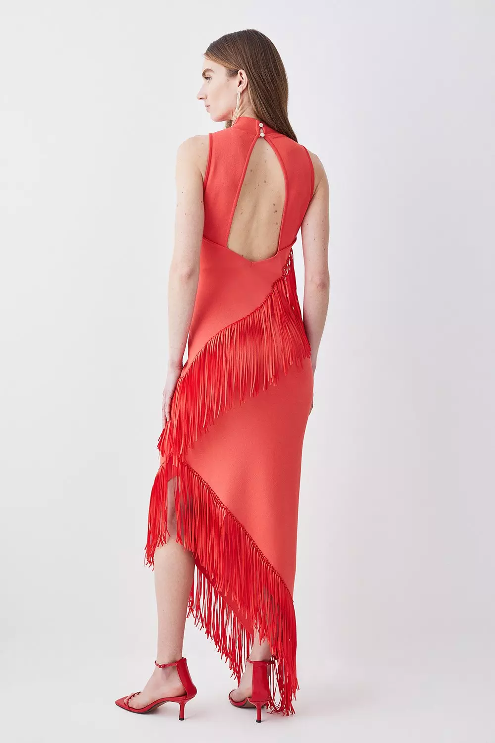 Fringe Hem Asymmetric Knit Midi Dress | Karen Millen