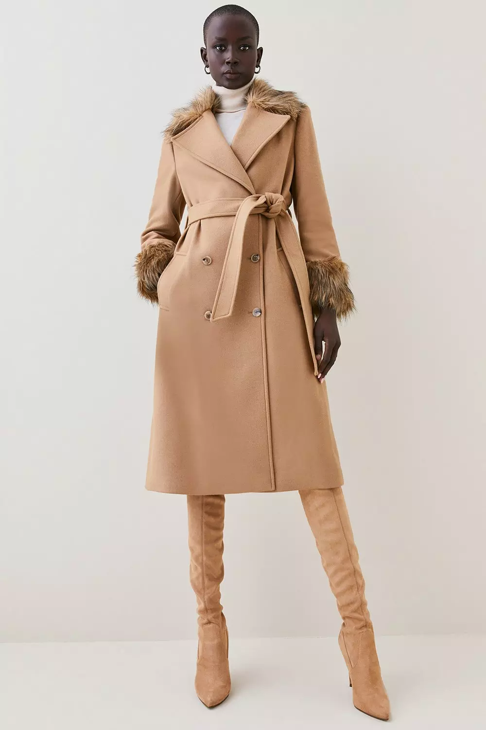 Bi-Material Long Coat - Luxury Brown