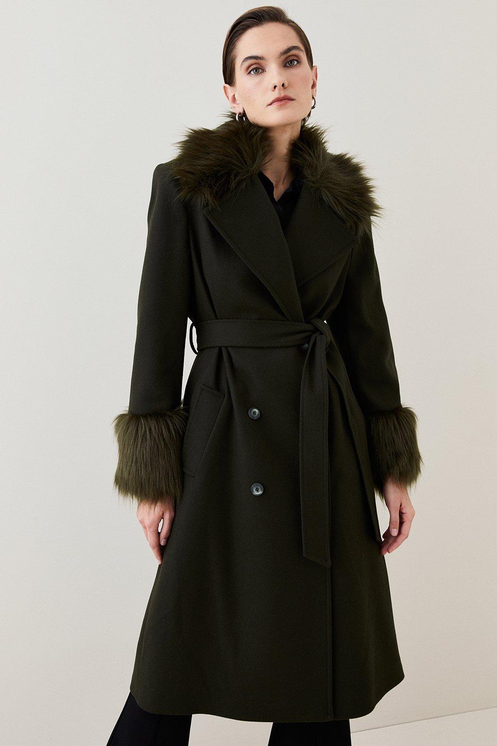 Italian Virgin Wool Faux Fur Collar And Cuff Belted Wrap Coat ...