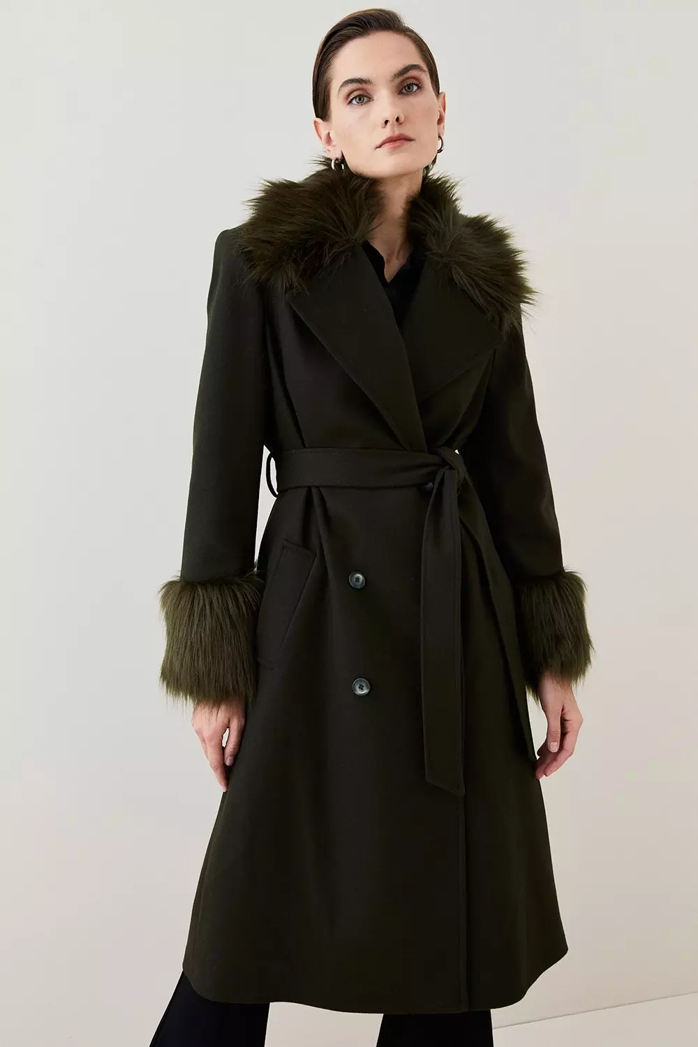 Italian Virgin Wool Faux Fur Collar And Cuff Belted Wrap Coat