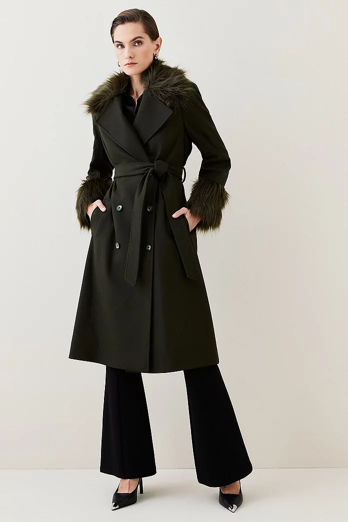 Italian Virgin Wool Faux Fur Collar And Cuff Belted Wrap Coat