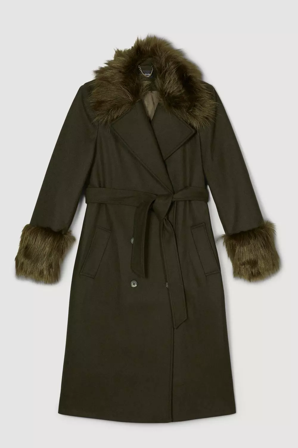 Italian Manteco Wool Faux Fur Collar And Cuff Belted Wrap Coat