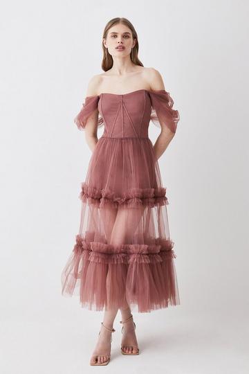 Lydia Millen Corset Detail Tulle Tiered Woven Dress merlot