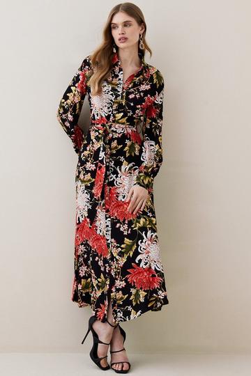 Multi Floral Belted Woven Midi Shirt Dress