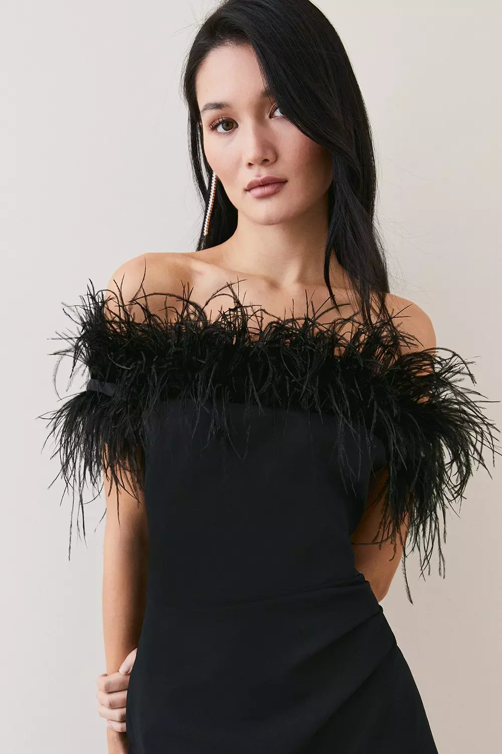 Feather Bardot Stretch Crepe Tailored Maxi Dress | Karen Millen