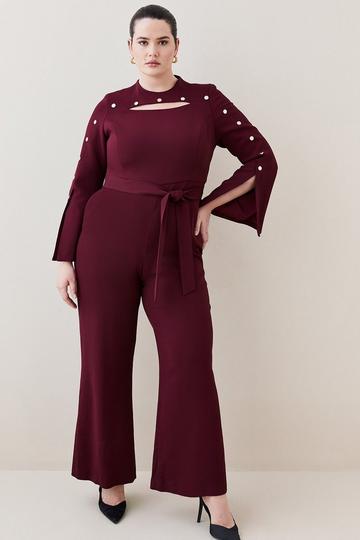 Plus Size Compact Viscose Stud Sleeve Wide Leg Jumpsuit red