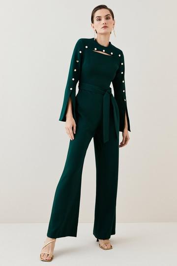 Compact Viscose Stud Sleeve Wide Leg Jumpsuit forest