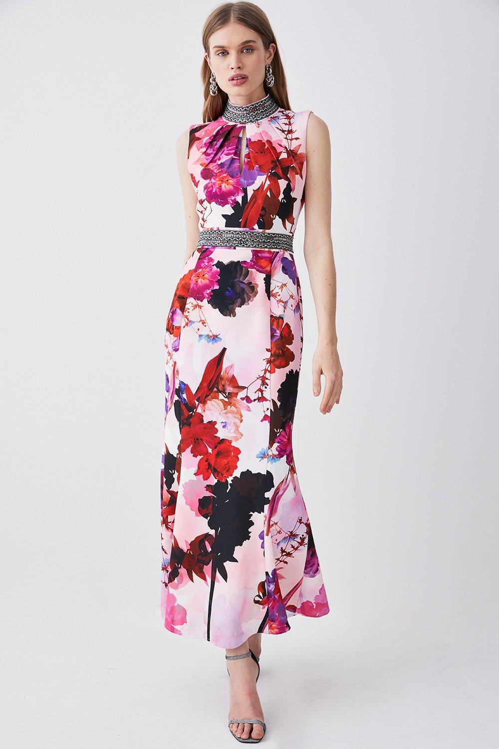 Diamante Trim Floral Woven Maxi Dress Karen Millen