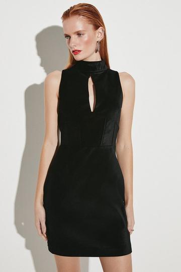 Velvet Corset Waist Detail Halter Mini Dress black