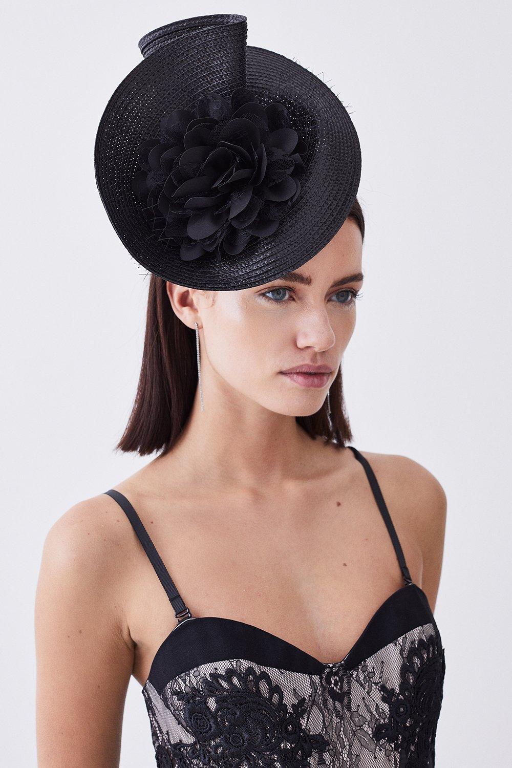 Asymmetric Flower & Feather Fascinator - Black